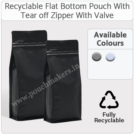 Recyclable Flat Bottom Pouch With Tear Off Zipper And Valve